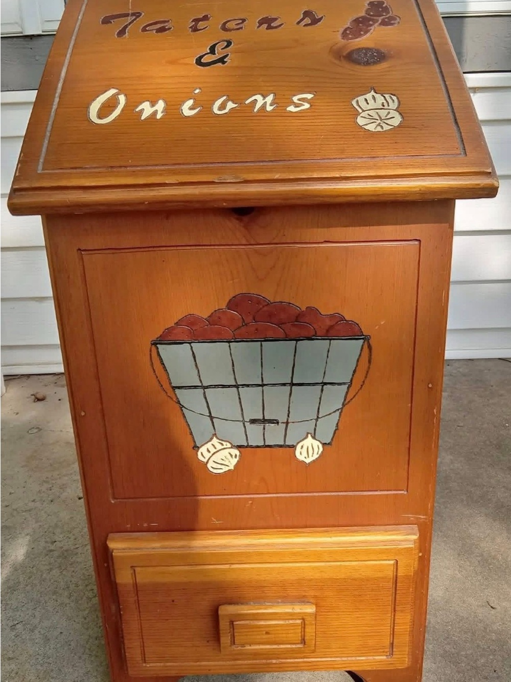 Wooden 'Taters & Onions' Kitchen Storage Bin in Warm Brown